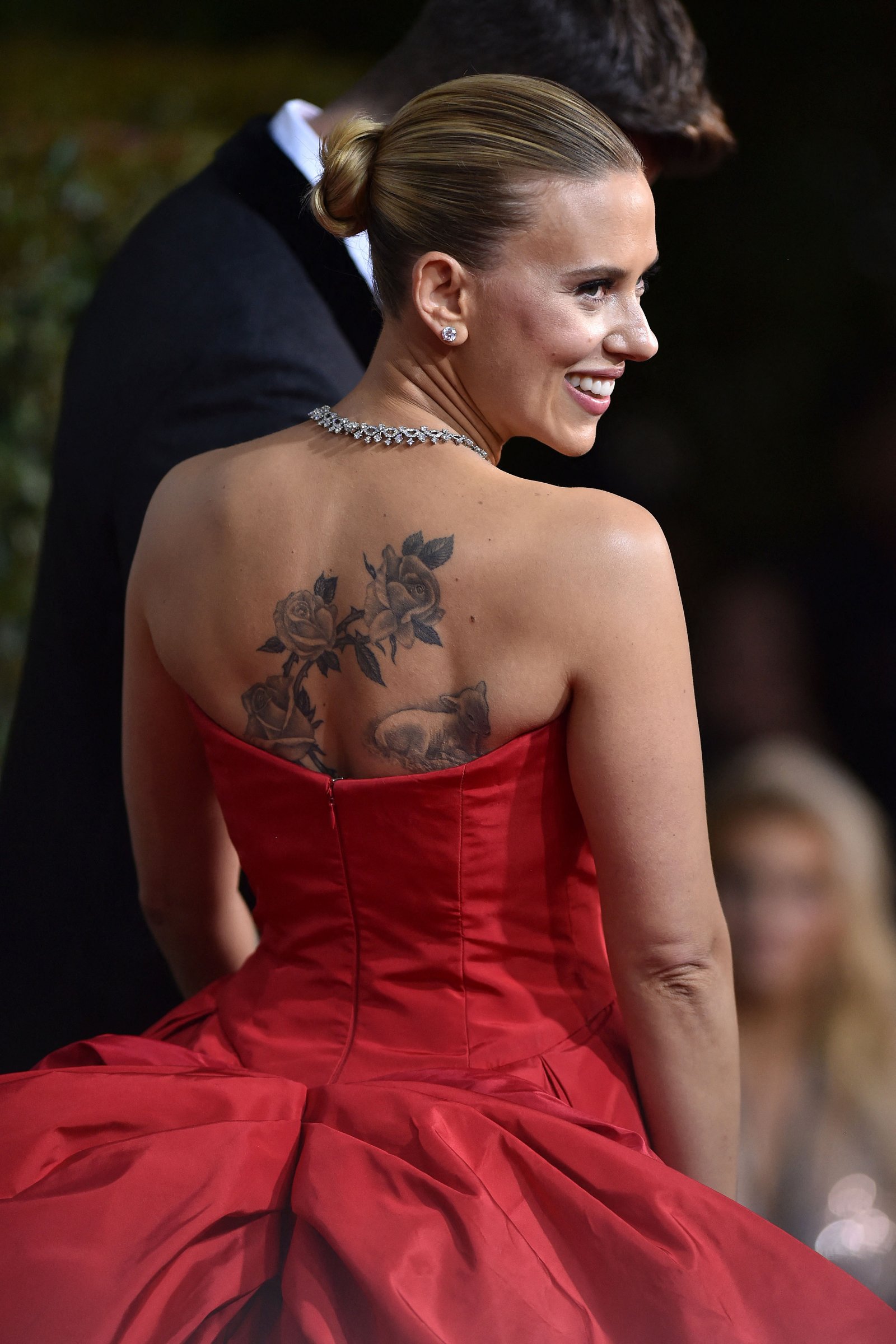 Scarlett Johansson Hot in Red Dress displaying her tattoo