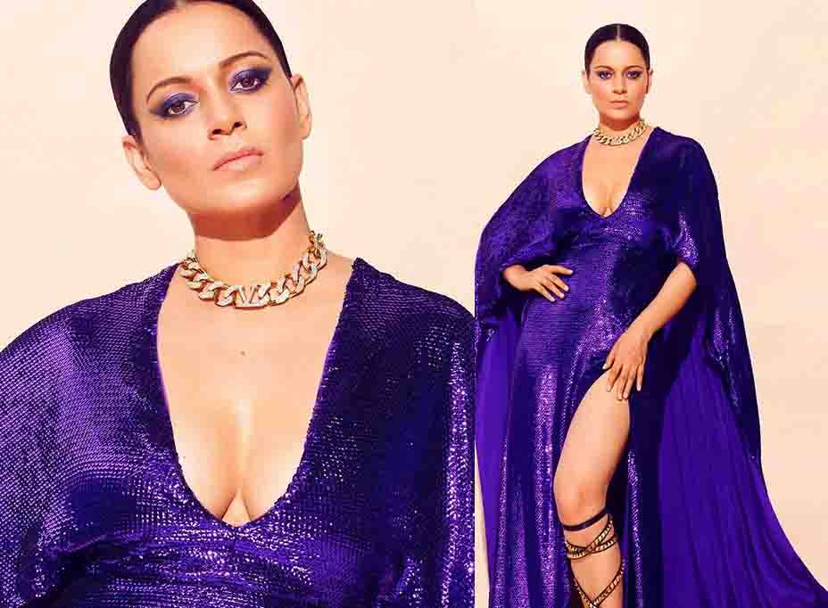 Sexy Looks of Kangana Ranaut Exposing her deep cleavage and thundering thighs in Purple Gown